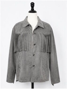 Fringed Vegan Suede Jacket - Grey